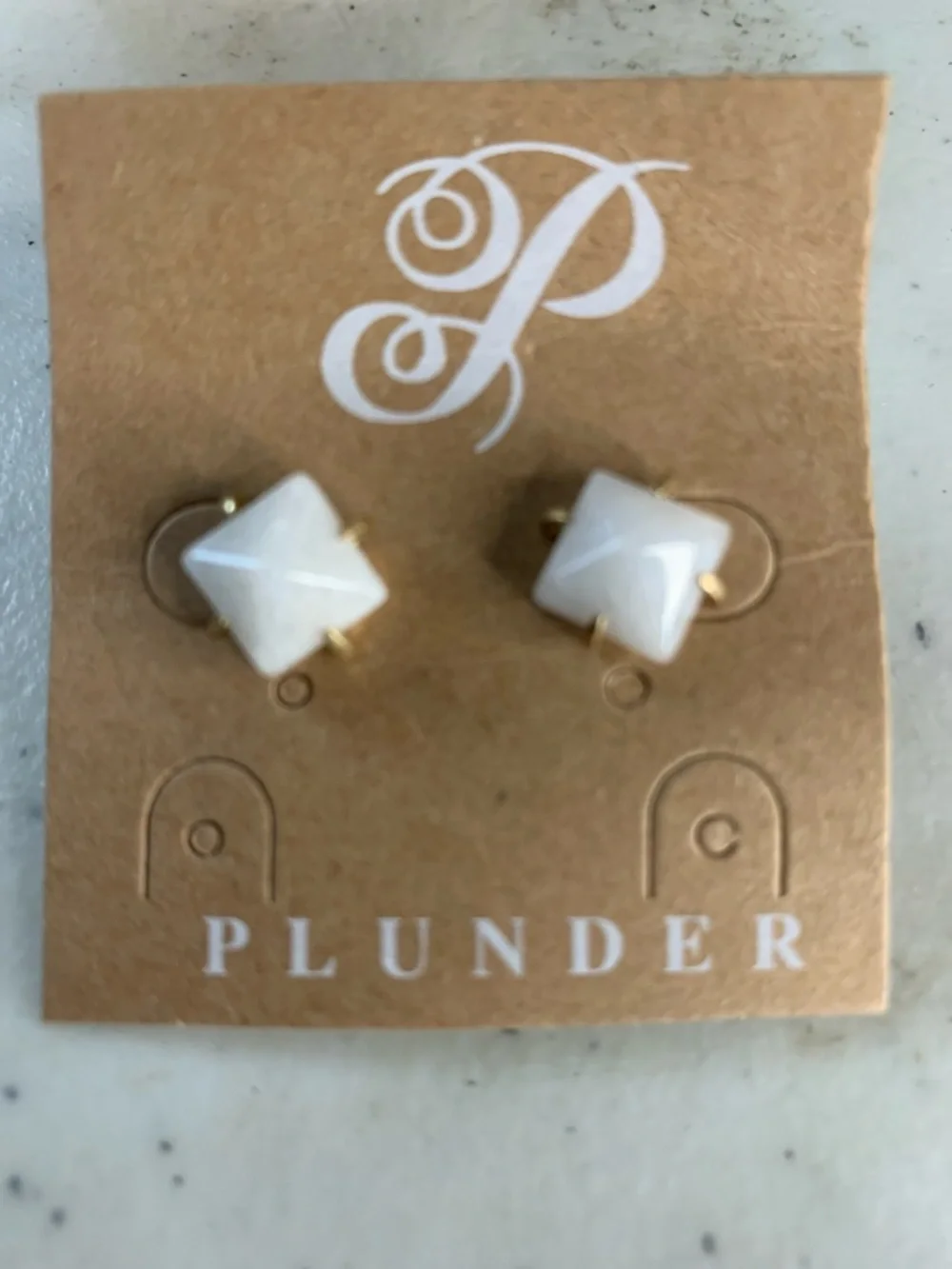 Plunder Gold-Tone White Diamond Cabochon Stud Earrings - Picture 2 of 2